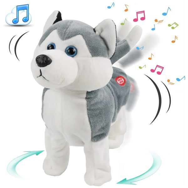 Bambole di peluche 25 cm Canto Divertente Bambola cane Husky Giocattoli Carino Kawaii Scodinzolante Coda Regali di festival di compleanno per bambini Ragazze Animali di peluche 231025