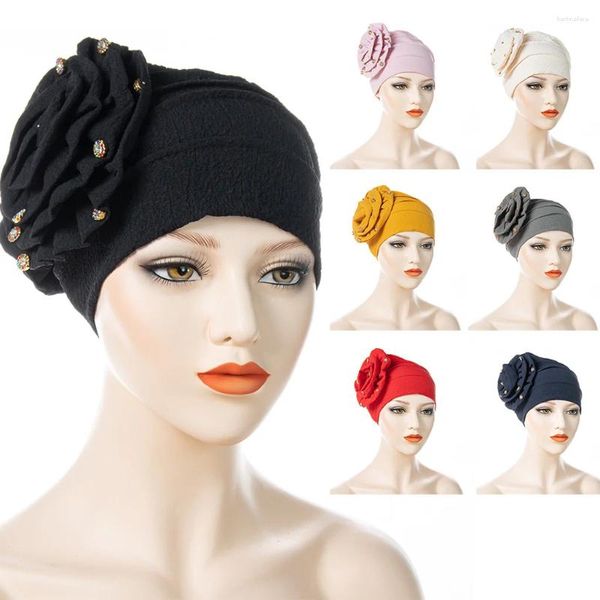 Abbigliamento etnico Islam Turbante per le donne Ramadan Hijab Musulmano Fascia per capelli Piatto di perline Fiore Supporto per cappello Donna Auto Gel Turchia