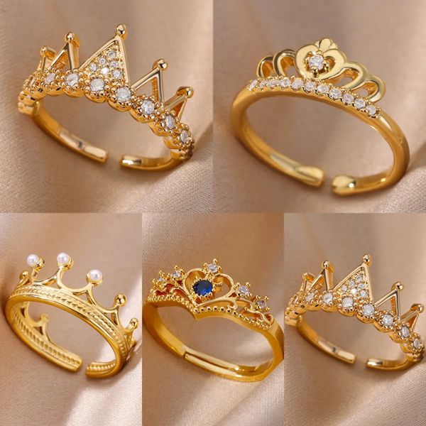 Anéis de banda Zircon Coroa para Mulheres Vintage Aço Inoxidável Banhado A Ouro Anel Aberto Casamento Estético Jóias Presente Bijoux Femme 231025