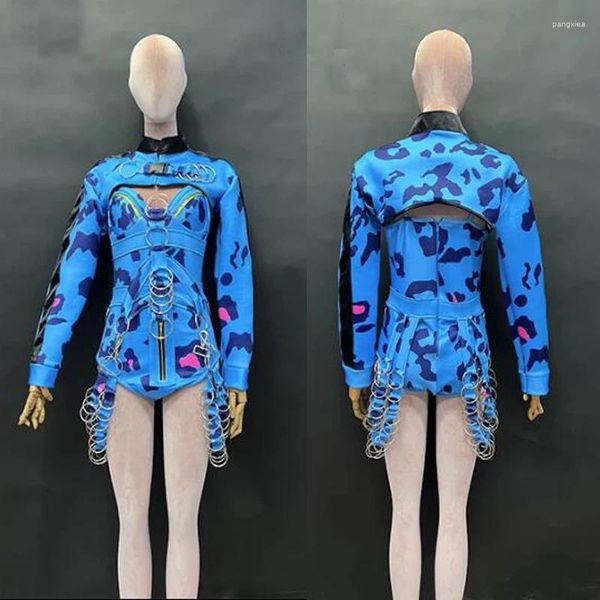 Abbigliamento da palco Costume da pole dance sexy Tuta con catena di leopardo blu Donna Party Gogo Dj Performance Rave Outfit XS6860