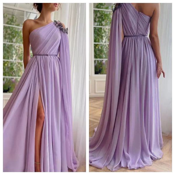 Fliederfarbenes Chiffon-Kleid für Damen, elegantes, formelles Party-Abendkleid mit seitlichem Schlitz, einer Schulter, bodenlang, einschulteriger A-Linien-Schleppe
