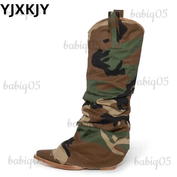 Stiefel YJXKJY 2023 Europäische und amerikanische neue Damen-Camouflage-Denim-Schuhe mit Keilsohlen-Ärmel-Kniestiefel-Camouflage-weibliche große Größen-Schuhe T231025