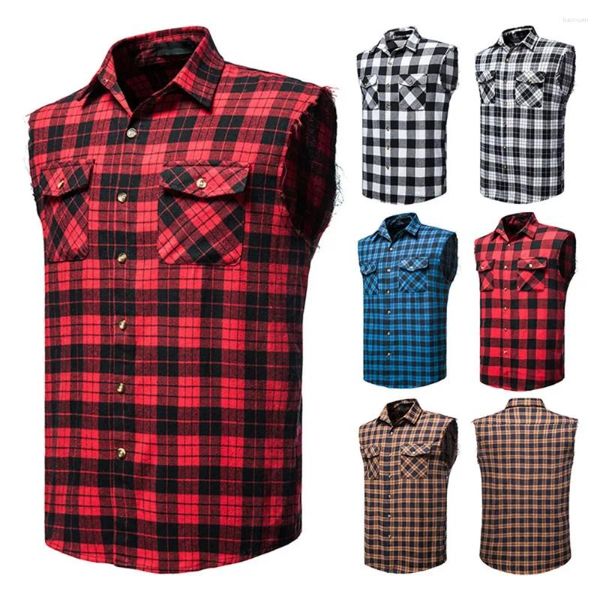 Coletes masculinos 2023 camisa xadrez casual sem mangas bolso duplo cowboy botão para baixo camisas homens algodão plus size colete xadrez top