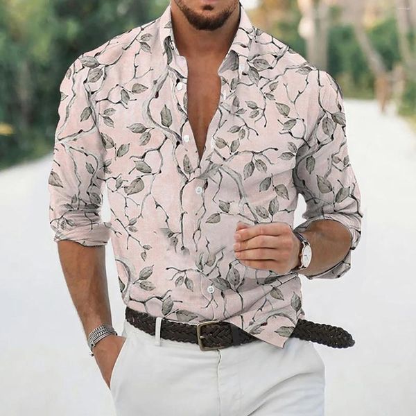 Camicie casual da uomo rosa per risvolto ampio stampa floreale camicetta a maniche lunghe con bottoni streetwear camisa camicia sociale da festa