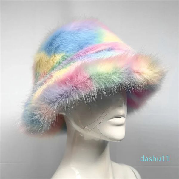 Chapéus de balde de aba larga outono inverno feminino manter quente arco-íris pele sintética boné feminino moda casual festa balde chapéu festival de música chapéu engrossado