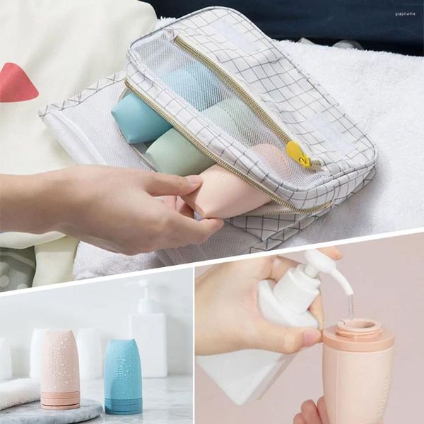 Conjunto acessório de banho portátil silicone garrafa recarregável mini embalagem de viagem imprensa organizador de armazenamento doméstico para shampoo cosmético loção de aperto