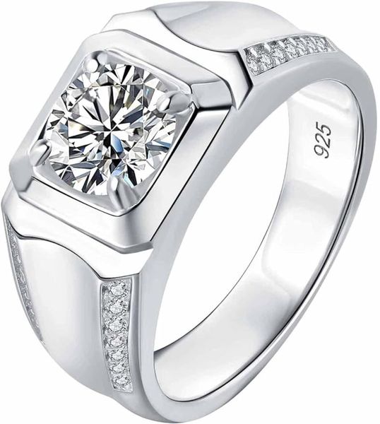 Aliança de casamento de moissanite masculina 925 anel de prata esterlina para homens 2cttw D cor VVS1 clareza brilhante corte redondo anéis de promessa para ele tamanho 8-13