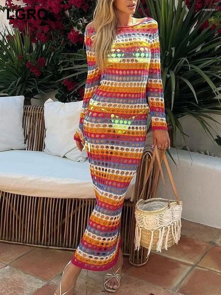 Casual Kleider 2023 Mode Perspektive Aushöhlen Mesh Bunte Streifen Design frauen Langarm Sexy Strand Kleidung 19F1702