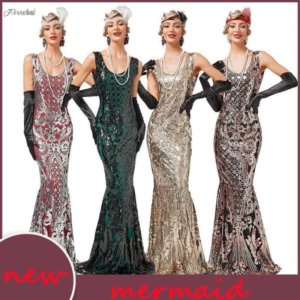 Urban Sexy Dresses Damen Langer Rock 1920er Jahre Great Gatsby Party Abendkleid Elegant O-Ausschnitt Ärmellos Schlank Perlen Pailletten Langes Meerjungfrauenkleid 231024