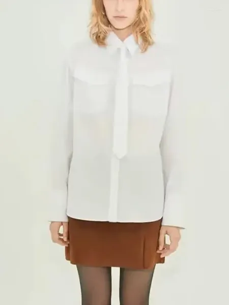 Camicette da donna Camicie basic bianche Donna Dolce tempo libero Risvolto Tasche ribaltabili Moda stile preppy Cravatta Decorazione Sciolto