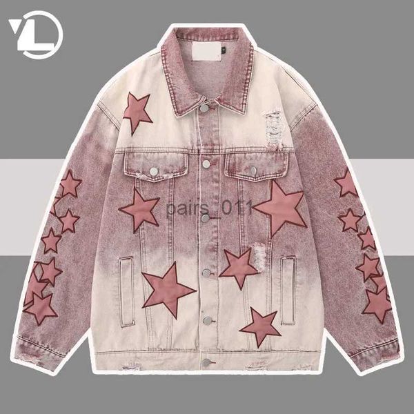 Jaquetas masculinas homens hip-hop lavado denim jaqueta remendo estrela bordado mulheres casaco unisex bomber rosa cowboy outwear primavera outono jaquetas de rua yq231025