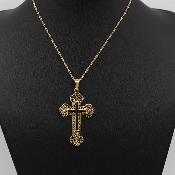 Collana con pendente a croce da donna e da uomo in filigrana, in oro giallo 18 carati, collana con ciondolo crocifisso in stile classico2427