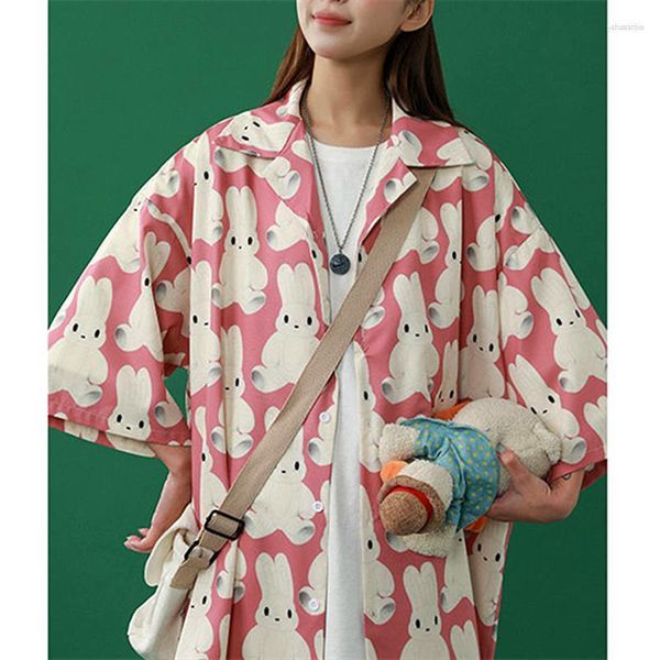 Damenblusen Damen Rosa Cartoon Graffiti Lustige Männer Hemd Sommer Strand Hawaii Frauen Button Up Große 2XL Übergroße Tops Koreanisch