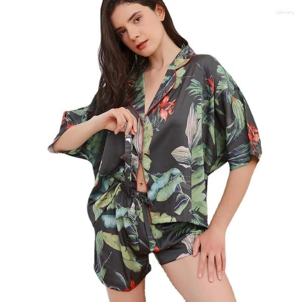 Damen-Nachtwäsche, Sommer-Pyjama-Set, Tripical-Pflanzen-Druck, lockeres Oberteil, kurzes, lässiges Seiden-ähnliches Homewear-2-teiliges Nachthemd