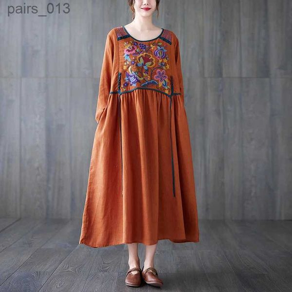 Grundlegende Casual Kleider 2023 Neue Ankunft Stickerei Floral Vintage Chinesischen Stil Herbst Kleid Baumwolle Mischung Lose Frauen Frühling Midi YQ231025