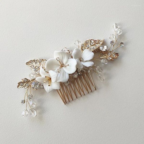 Pinces à cheveux faites à la main, peigne Floral de couleur or, couvre-chef de mariée en céramique pour fête de jardin, décoration de coiffure, cadeau de mariée