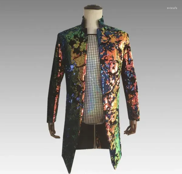 Erkekler takımları blazer Erkekler Ceket Mens Long Coats Stagers Giyim Dans Yıldızı Tarzı Renkli Baskılı Flip-Chip Pullar Elbise Tasarım