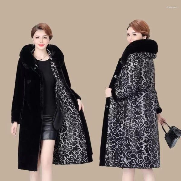 Kadınlar kürk 7xl yüksek kaliteli ceket kadınlar iki taraf giyiyor 2024 anne kalın sıcak uzun ceket kaput astar peluş yakalı