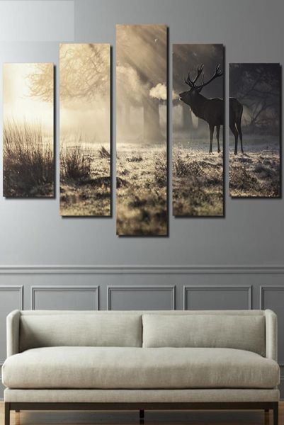 5 peças pintura em tela para sala de estar decoração casa inverno veados cartazes hd imprime arte da parede picture9576957