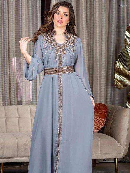 Abbigliamento etnico Marocco Abito da festa Donna Abaya musulmano Colletto alla coreana Moda Dubai Abaya Diamante Caftano Abito elegante Abiti Abito turco