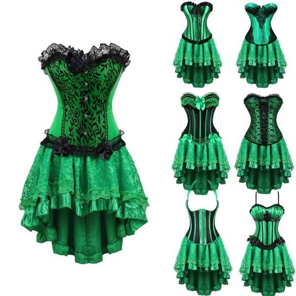 Set gonna corsetto burlesque da donna Set da ballo per club party Corsetto overbust verde con gonna hi-lo floccata Taglie forti S-6XL Corsetto D292A