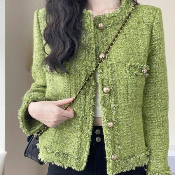 Jaquetas femininas 2023 primavera outono mulheres elegante tweed desgastado cortado jaqueta verde casaco mulher roupas borla casacos curtos