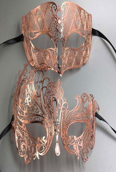 Rose Gold Mulheres Homens Casal Par Amante Feito de Luz Metal Laser Corte Filigrana Venetian Mardi Gras Masquerade Ball Prom Máscaras Set T23506905