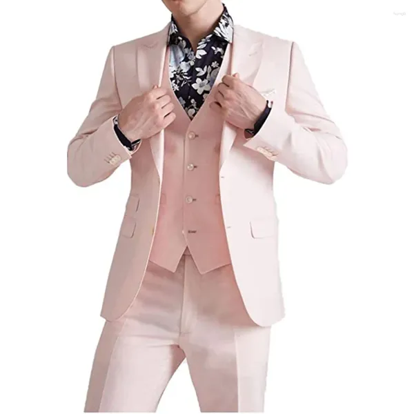 Ternos masculinos rosa para homens casamento elegante blazer único breasted peaked lapela ropa hombre 3 pçs jaqueta calças colete fino ajuste sob medida feito