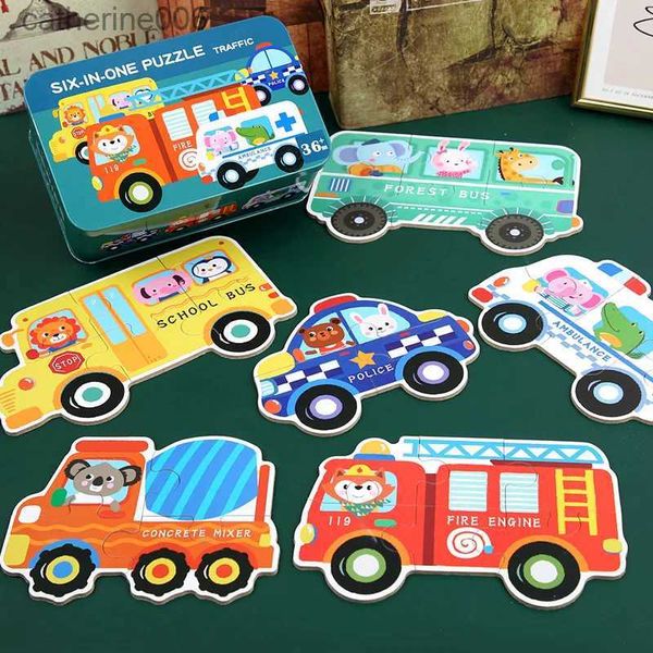 Puzzle 6 in1 Scatola di metallo Puzzle di legno Trasporto di animali Jigsaw Protable Viaggio per bambini Apprendimento Puzzle cognitivo Giocattolo educativo per bambiniL231025