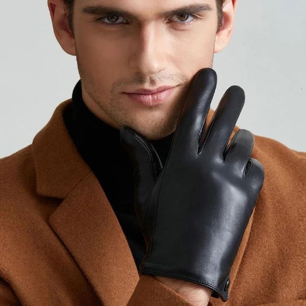 Перчатки с пятью пальцами, мужские модные перчатки из натуральной кожи, тонкие/толстые плюшевые зимние теплые перчатки из овчины с сенсорным экраном, перчатки для вождения, варежки L75 231025