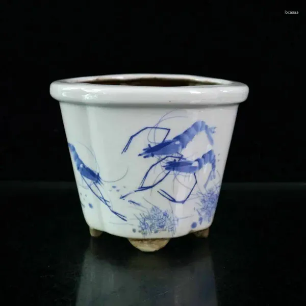 Flaschen Chinesischer Blumentopf aus altem Porzellan mit blauem und weißem Garnelenmuster und lustigem Muster