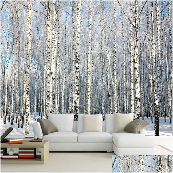 Sfondi Panno da parete personalizzato Moderno 3D Foresta di betulle Paesaggio Natura Murales Carta da parati Soggiorno Tv Divano Sfondo Ering Home Decor Dr Dhvst