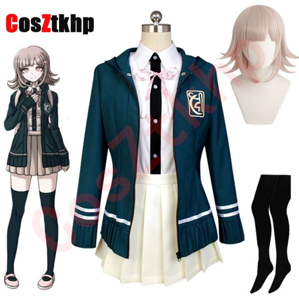 Cosplay anime danganronpa nanami chiaki cosplay traje de manga comprida jaqueta curta loli saia estudantes do ensino médio uniforme wigcosplay