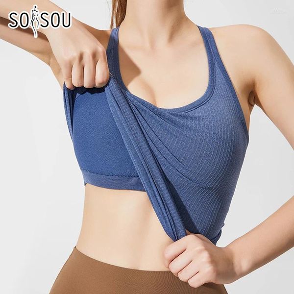 Camisas ativas SOISOU Nylon Top Mulheres Yoga Colete Camisa de Ginástica Sutiã Esportivo Elástico Respirável Almofada no Peito Removível Roupas Femininas 6 Cores