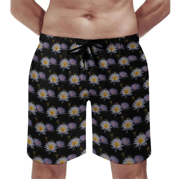 Shorts masculinos placa de água branco e roxo lótus engraçado calças curtas masculino gráfico roupas esportivas confortáveis troncos de natação presente