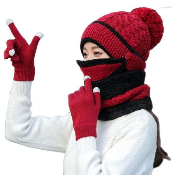 Berretti Cappello in tre pezzi Maschera Bavaglino Guanti Donna Berretto invernale Fazzoletto da collo Peluche Calda lana lavorata a maglia Antivento Berretti Sciarpa Set 2023