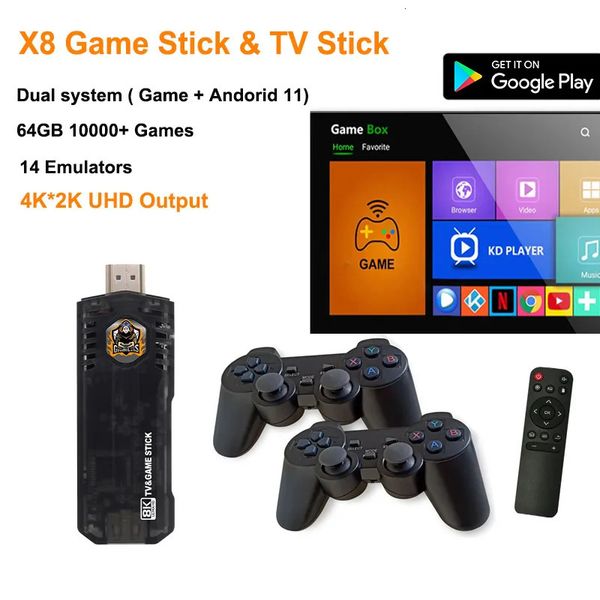 Игровые контроллеры Джойстики X8 Game Stick 4K 10000 Игры Аркадные ретро-игровые приставки для SFC/GBA Dual Wireless Controller HD Mini TV Box для Android 231024