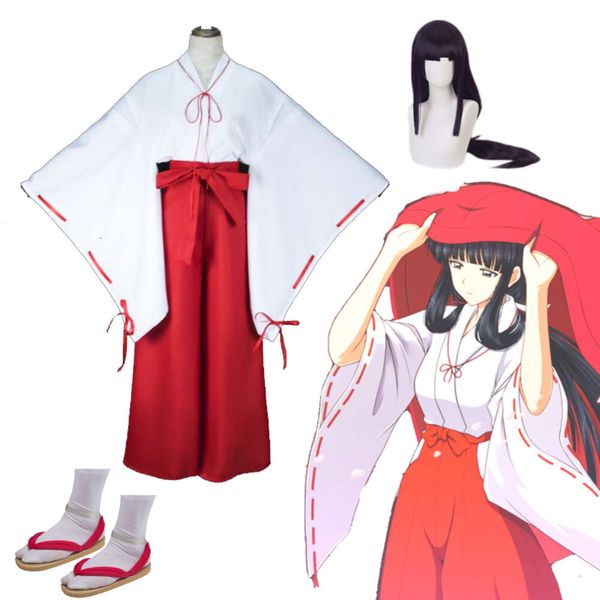 cosplay inuyasha kikyo costume costume da donna rosso kimono anime kikyou halloween carnival cosuge coste wig sandals paglia sandali pieni oggetti di scena abbigliamento