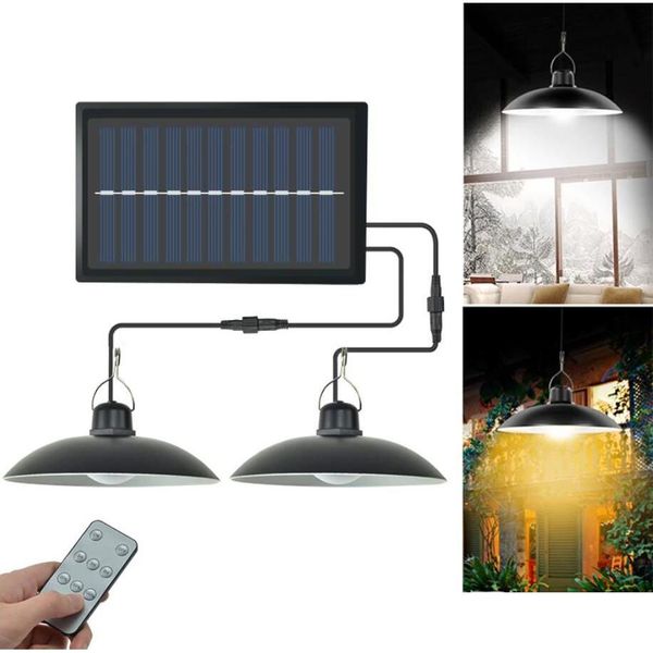 Solar-Pendelleuchte, für drinnen und draußen, wasserdicht, ferngesteuert, Gartenbeleuchtung, Einzel-/Doppelkopf-LED-Licht für Cam, Zuhause, Terrasse, Kronleuchter, Drop De