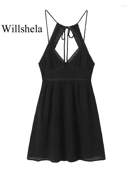 Casual Kleider Frauen Mode Schwarz Spitze Saum Rückenfreies Minikleid Vintage Neckholder V-ausschnitt Weibliche Chic Dame
