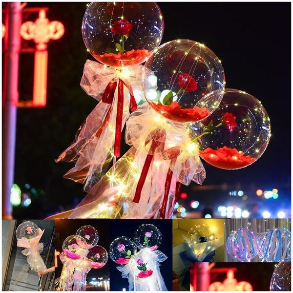 Led String Light Fai da te Rose Flower Bobo Balloons Illuminazione fata con bastoncini Bouquet trasparenti Palloncini per palloncini per feste Matrimonio Hol