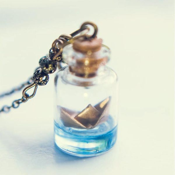 Catene Collana di bottiglie di carta dorata Collana di gioielli Ciondolo in vetro Oceano Origami Regalo carino per lei