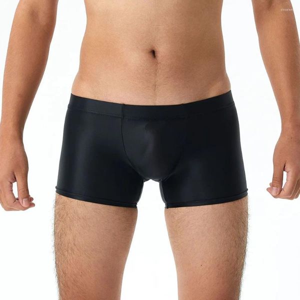 Cuecas homens óleo brilhante boxers ultra-fino malha transparente shorts calcinha sedosa suave bottoms usar apertado respiração leggings sólidos roupa interior