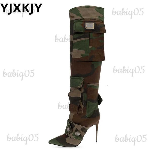 Stiefel YJXKJY 2023 Neue Weibliche Camouflage Tasche Knielangen Stiefel Leinwand Stiletto High Heel Schnalle Spitz Damen Große Größe 43 schuhe T231025