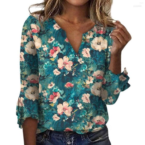 Blusas femininas camisa de manga longa floral feminina solta e estilo casual chiffon padrão impresso respirável confortável topo