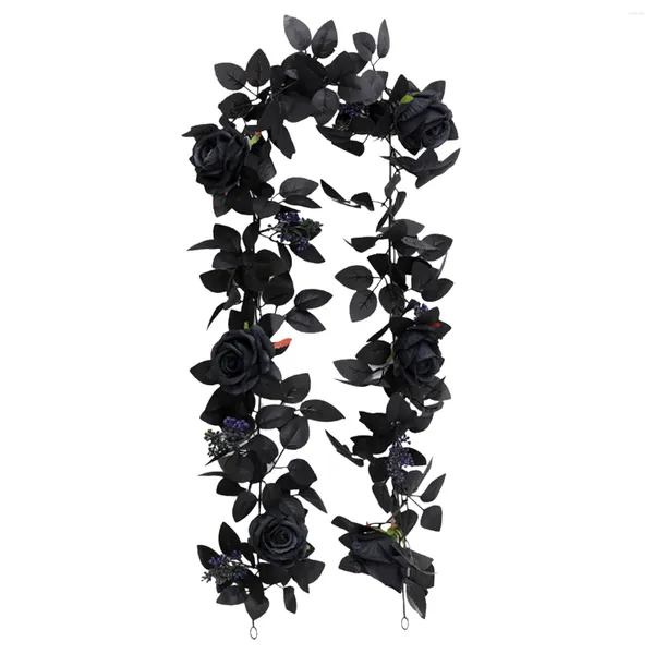 Flores decorativas Zinnia Artificial Black Rose Vine para decoração de Halloween penduradas luzes de guirlanda de flores de seda