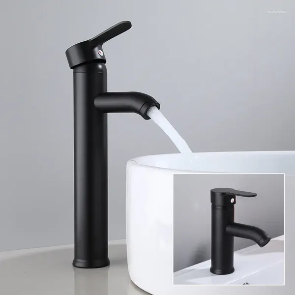 Torneiras de pia do banheiro torneiras de pia de pintura preta única alavanca misturador de água fria de aço inoxidável deck montado alto/curto