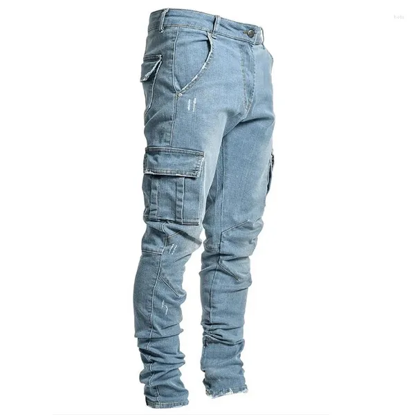Jeans masculinos europeus e americanos moda multi-bolso elástico grosso leggings diário casual calças esportivas de alta qualidade carga