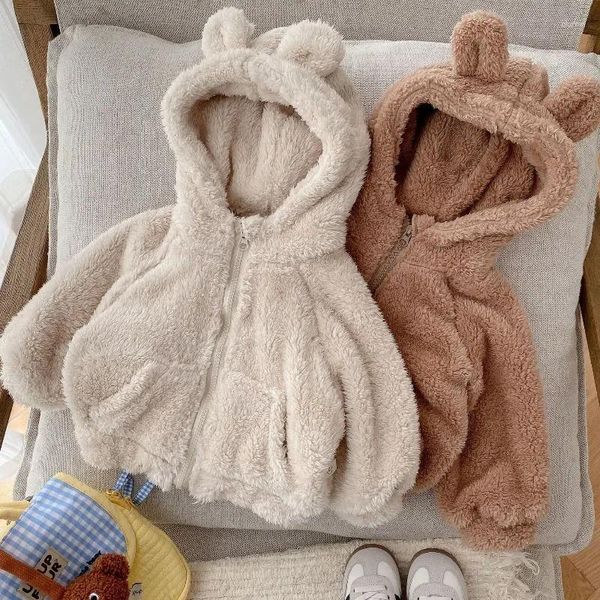 Giacche 2023 Inverno Bambini Orso Felpe con cappuccio Addensare Cappotto Solido Cerniera con tasca Capispalla Bambini carini Ragazzo Ragazza Abiti Calda giacca di pelliccia di peluche