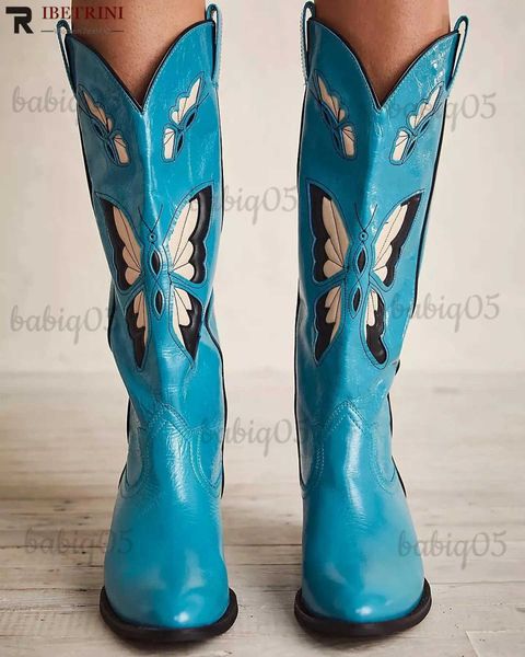 Stivali da donna Stivali da cowboy da cowgirl Farfalla ricamata a punta Stivali a metà polpaccio Tacco Autunno Inverno Scarpe con tacco grosso Design del marchio T231025